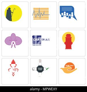 Set Of 9 simple editable icons such as book now, order form, ganesh, fire hydrant, grammar, orchid, discussion board, tracker, shepherd, can be used f Stock Vector