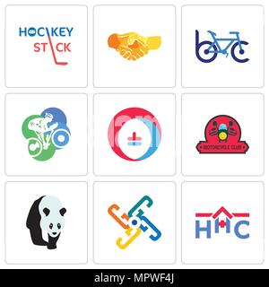 Set Of 9 simple editable icons such as home health care, generic, motorcycle club, heating cooling, cyclist, bike hand shake, hockey stick, can be use Stock Vector