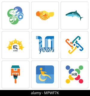 Set Of 9 simple editable icons such as human resources, disability, home paint, generic, 10 year, 5 star, hand shake, cyclist, can be used for mobile, Stock Vector
