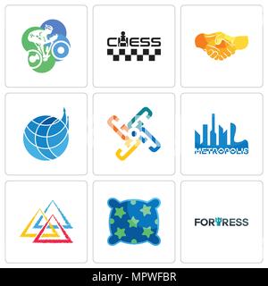 Set Of 9 simple editable icons such as fortress, pillow, three triangle, metropolis, generic, logistics company, hand shake, chess, cyclist, can be us Stock Vector