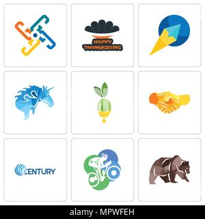 Set Of 9 simple editable icons such as grizzly bear, cyclist, century, hand shake, olive oil, paper plane, happy thanksgiving, generic, can be used fo Stock Vector