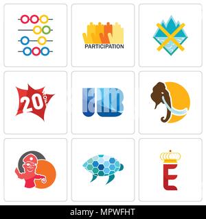 Set Of 9 simple editable icons such as e crown, sea turtle, pirate mascot, mammoth, ib, 20% off, crossed skis, participation, abacus, can be used for  Stock Vector