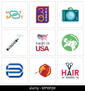Set Of 9 simple editable icons such as hair studio, sparta, minimal b, moose, made in usa, vape, dslr, 30 year, hotspot, can be used for mobile, web Stock Vector
