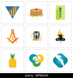 Set Of 9 simple editable icons such as albatross, triskelion, pinapple, electrician, welding, masonic, zipper, pancake, yield, can be used for mobile, Stock Vector