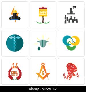Set Of 9 simple editable icons such as masonic, chili cook off, triskelion, education, hipaa, public relations, yard sale, electrician, can be used fo Stock Vector