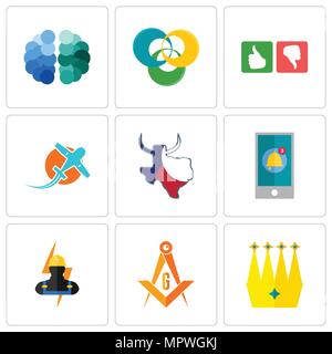 Set Of 9 simple editable icons such as crown, masonic, electrician, notification, made in texas, prop plane, good bad, triskelion, free brain, can be  Stock Vector