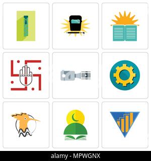 Set Of 9 simple editable icons such as yield, quran, hoopoe, transparent gear, footage, jain, sunday school, welding, zipper, can be used for mobile,  Stock Vector