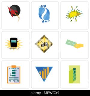 Set Of 9 simple editable icons such as zipper, yield, action plan, money back guarantee, towing, welding, starburst, podiatry, rocket, can be used for Stock Vector