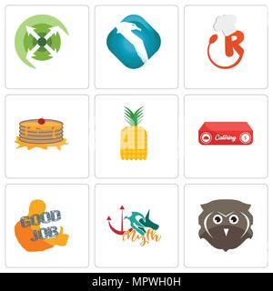 Set Of 9 simple editable icons such as free owl, myth, good job, catering, pinapple, pancake, resturant, albatross, extend, can be used for mobile, we Stock Vector