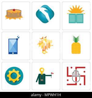 Set Of 9 simple editable icons such as jain, tour guide, transparent gear, pinapple, de, phone, sunday school, albatross, pancake, can be used for mob Stock Vector