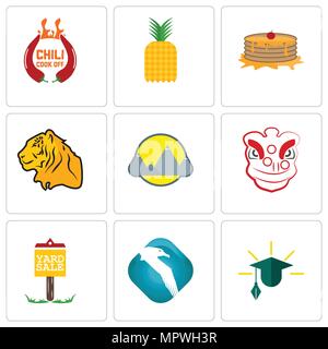 Set Of 9 simple editable icons such as education, albatross, yard sale, lion dance, montain, tiger, pancake, pinapple, chili cook off, can be used for Stock Vector
