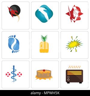 Set Of 9 simple editable icons such as heater, pancake, registe nurse, starburst, pinapple, podiatry, spartan, albatross, rocket, can be used for mobi Stock Vector