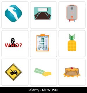 Set Of 9 simple editable icons such as pancake, money back guarantee, towing, pinapple, action plan, mystery person, boiler, conference room, albatros Stock Vector