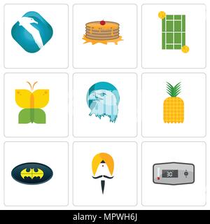 Set Of 9 simple editable icons such as thermostat, sikh, bat, pinapple, eagle head, buterfly, tennis court, pancake, albatross, can be used for mobile Stock Vector