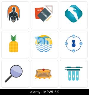Set Of 9 simple editable icons such as water filter, pancake, focus group, tidy, betta fish, pinapple, albatross, homework, fitness, can be used for m Stock Vector