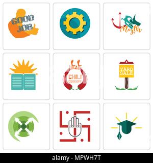 Set Of 9 simple editable icons such as education, jain, extend, yard sale, chili cook off, sunday school, myth, transparent gear, good job, can be use Stock Vector