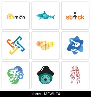 Set Of 9 simple editable icons such as long hair, security camera, cyclist, swim and dive, hand shake, generic, stick figure, sharks, sun moon, can be Stock Vector