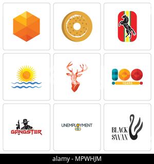 Set Of 9 simple editable icons such as black swan, unemployment, gangster, 100 year, stag head, rising sun, horse, bagel, cubic, can be used for mobil Stock Vector