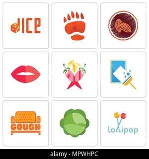 Set Of 9 simple editable icons such as lollipop, cabbage, couch, window cleaning, chili pepper, lips, cacao, bear paw, dice, can be used for mobile, w Stock Vector