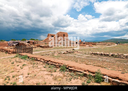 The dramatic remains of a second Franciscan mission church dominate the ruins of Pecos Pueblo Spanish Mission, 25 miles southeast of Santa Fe.  Pecos  Stock Photo