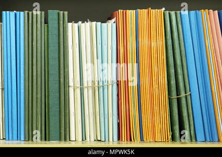documents aligned on the shelf of a bookcase Stock Photo