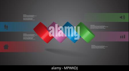 3D illustration infographic template with motif of horizontally sliced cylinder to four color parts which are spilled. Simple sign and text is in colo Stock Vector