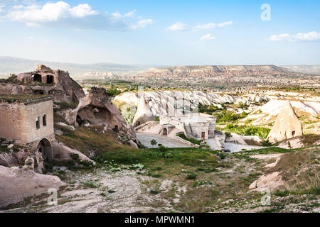 Travel to Turkey - rock carved houses in Uchisar village in Cappadocia in spring Stock Photo