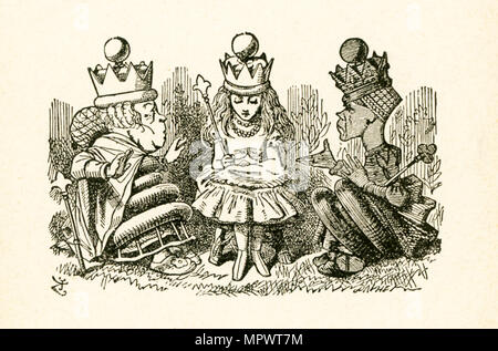 This illustration of Alice talking with the two queens, the White Queen and the Red Queen, is from 'Through the Looking-Glass and What Alice Found There' by Lewis Carroll (Charles Lutwidge Dodgson), who wrote this novel in 1871 as a sequel to 'Alice's Adventures in Wonderland.' Here Alice has put a royal crown on her head. Stock Photo