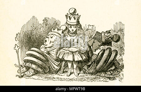 This illustration of Alice  with the two sleepingqueens, the White Queen and the Red Queen, is from 'Through the Looking-Glass and What Alice Found There' by Lewis Carroll (Charles Lutwidge Dodgson), who wrote this novel in 1871 as a sequel to 'Alice's Adventures in Wonderland.' Here Alice has put a royal crown on her head. Stock Photo