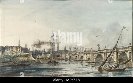 View across the Thames towards the Church of St Magnus and the Monument, late 18th century. Artist: Louis Belanger. Stock Photo