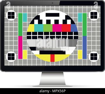 Blank computer display with test screen isolated on white background. Vector illustration. Stock Vector