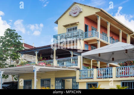 Flores, Guatemala - December 15, 2016: View at the hotel La Casona de la Isla. It is located in historic district of the town of Flores in Guatemala. Stock Photo