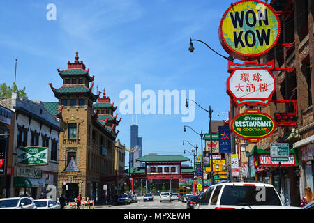 Wentworth Ave is the iconic heart of Chicago's Chinatown's shopping and dining district on the cities south side. Stock Photo