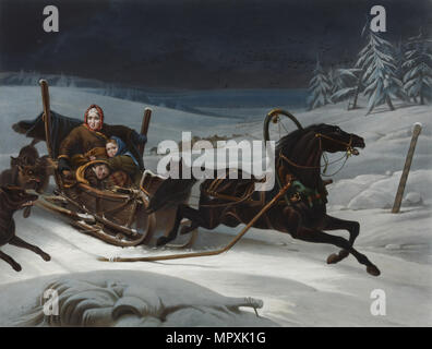 Sleigh of a Russian family pursued by wolves, 1830s. Stock Photo