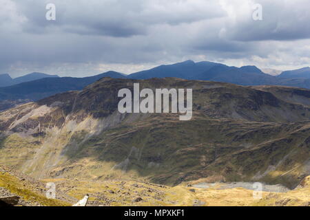 A view of the summits of Snowdon and Cnicht. Viewed from just below the summit of Moelwyn Mawr Stock Photo