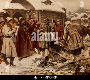 Falconers at the Amusement court of Moscow in the 17th Century, 1902. Stock Photo