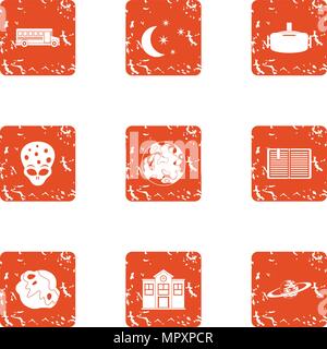 Study of alien icons set, grunge style Stock Vector
