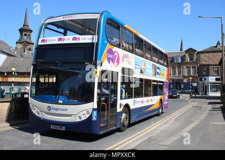Double deck Stagecoach bus on Damside Street Lancaster about to enter Lancaster bus station on Wednesday 23rd May 2018. Stock Photo