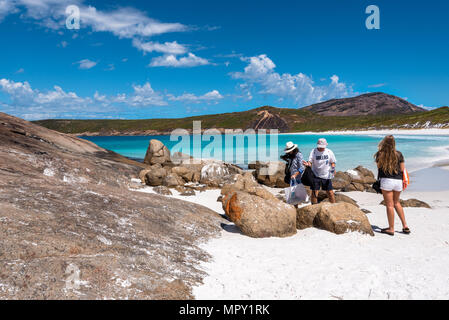 Hellfire Bay, Esperance, Australia--February 9, 2018. Tourists visit the beach at Hellfire Bay in Esperance, Australia. Editorial use only. Stock Photo