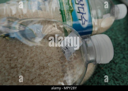 A plastic bottle filled with rice and a written message in Korean which reads 'God loves you' to be send to North Korea from South Korea's Ganghwa Island by members of the North Korean Refugees Human Rights Association of Korea (NKR) in hope that they would be picked up by North Koreans and help change the attitude that North Koreans have towards people in the South. Stock Photo
