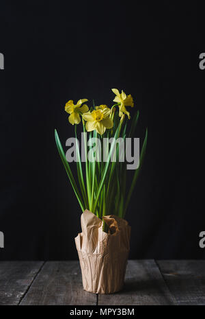 Close-up of flowers on wooden table against black background Stock Photo