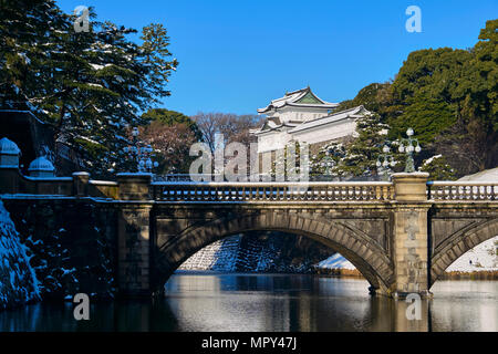 Nijubashi Bridge over Sumida River by Tokyo Imperial Palace against clear blue sky Stock Photo