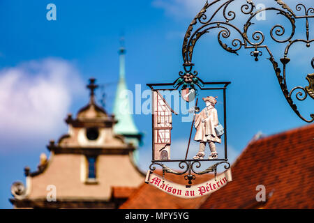 Old metal sigh board in historical center of Colmar, Alsace, France Stock Photo