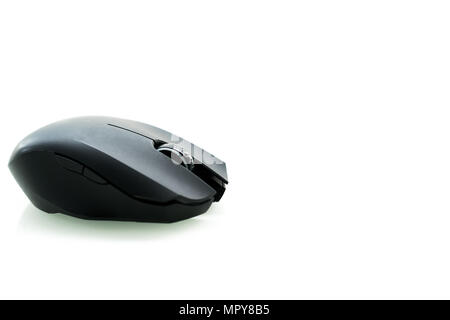 Wireless black computer mouse isolated on white background, sideview Stock Photo