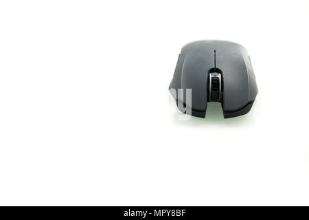 Wireless black computer mouse isolated on white background, frontview Stock Photo