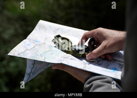 Cropped hands of hiker holding navigational compass with map in forest Stock Photo