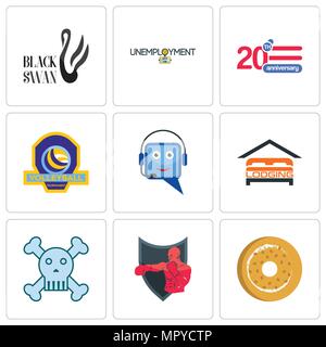 Set Of 9 simple editable icons such as bagel, boxing club, skull and crossbones, lodging, helpdesk, volleyball tournament, 20 anniversary, unemploymen Stock Vector