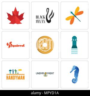 Set Of 9 simple editable icons such as sea horse, unemployment, handyman, girls bathroom, bagel, squirrel, dragonfly, black swan, canada leaf, can be  Stock Vector