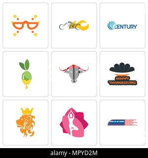 Set Of 9 simple editable icons such as railway, yoga studio, royal lion, happy thanksgiving, olive oil, century, chopper, masquerade, can be used for  Stock Vector