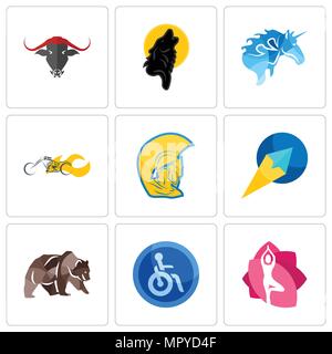 Set Of 9 simple editable icons such as yoga studio, disabled, grizzly bear, paper plane, warrior head, chopper, black wolf, , can be used for mobile,  Stock Vector